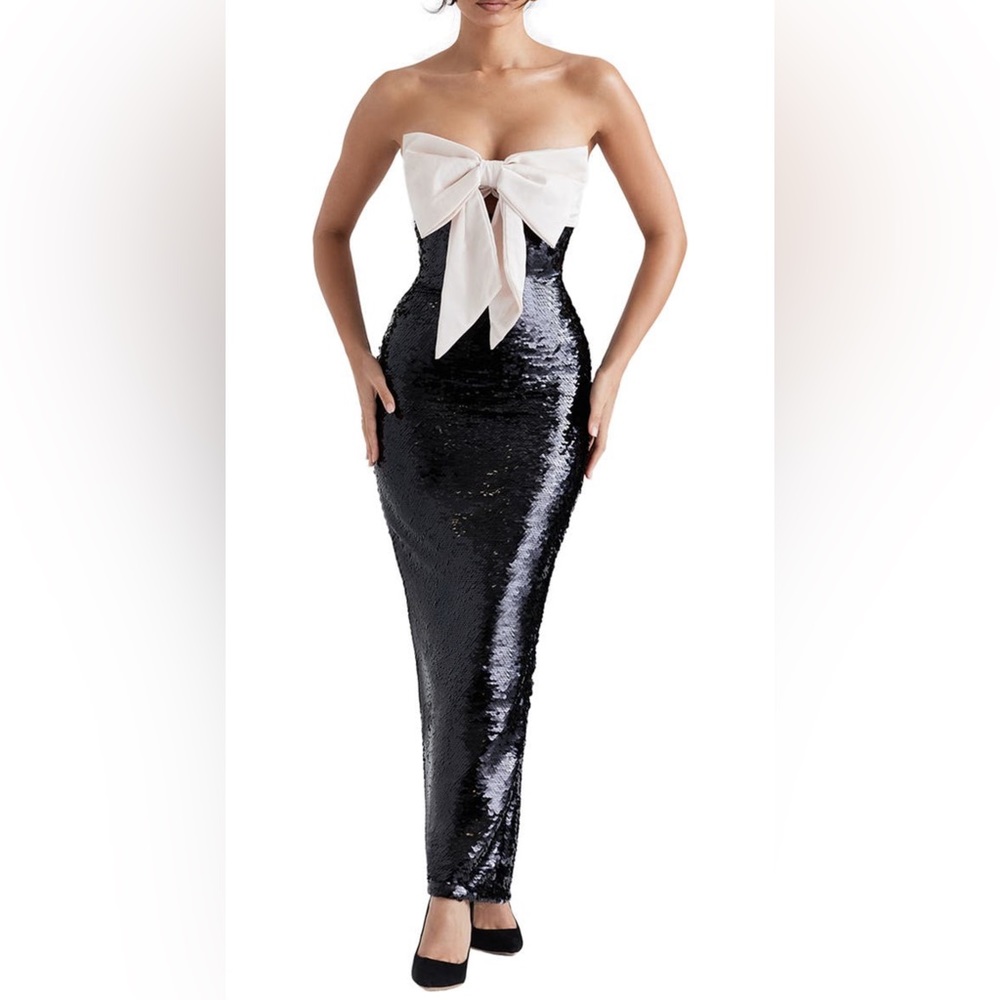 EUC House of CB Holly Black Sequin Champagne Bow Strapless Dress Sz Small
